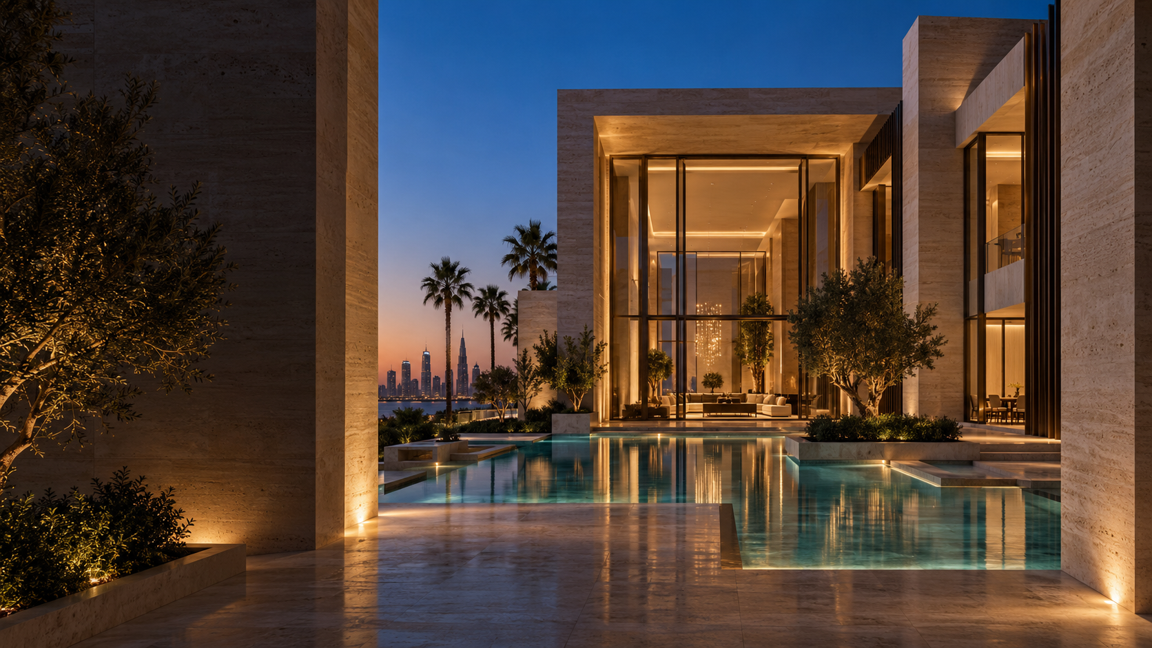 Stone villa with a tranquil courtyard pool at dusk