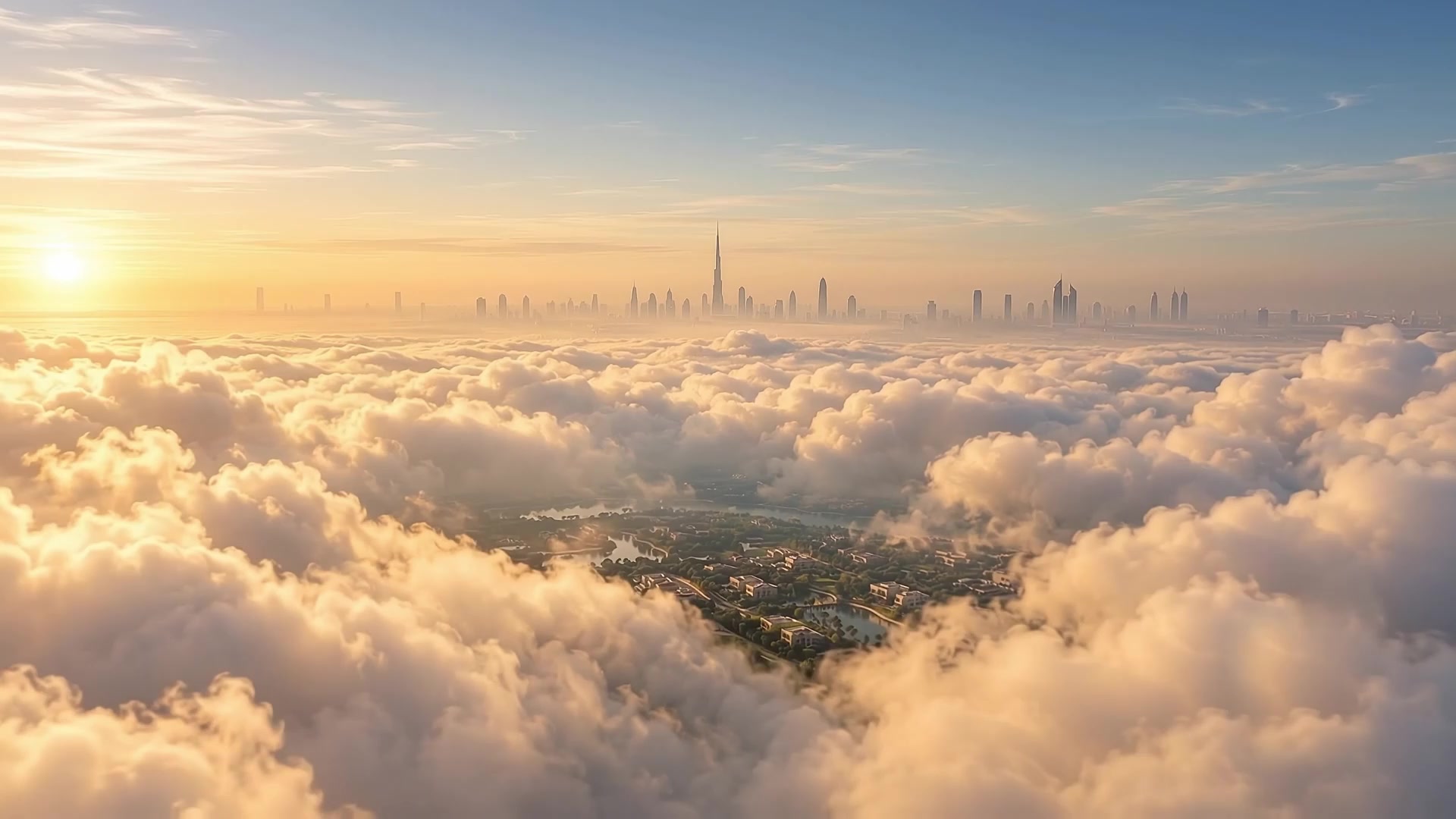 Golden sunrise above the clouds over Dubai